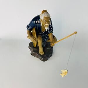 Vintage Chinese Shiwan Fisherman Ceramic Mudman Statue 6 1/2”